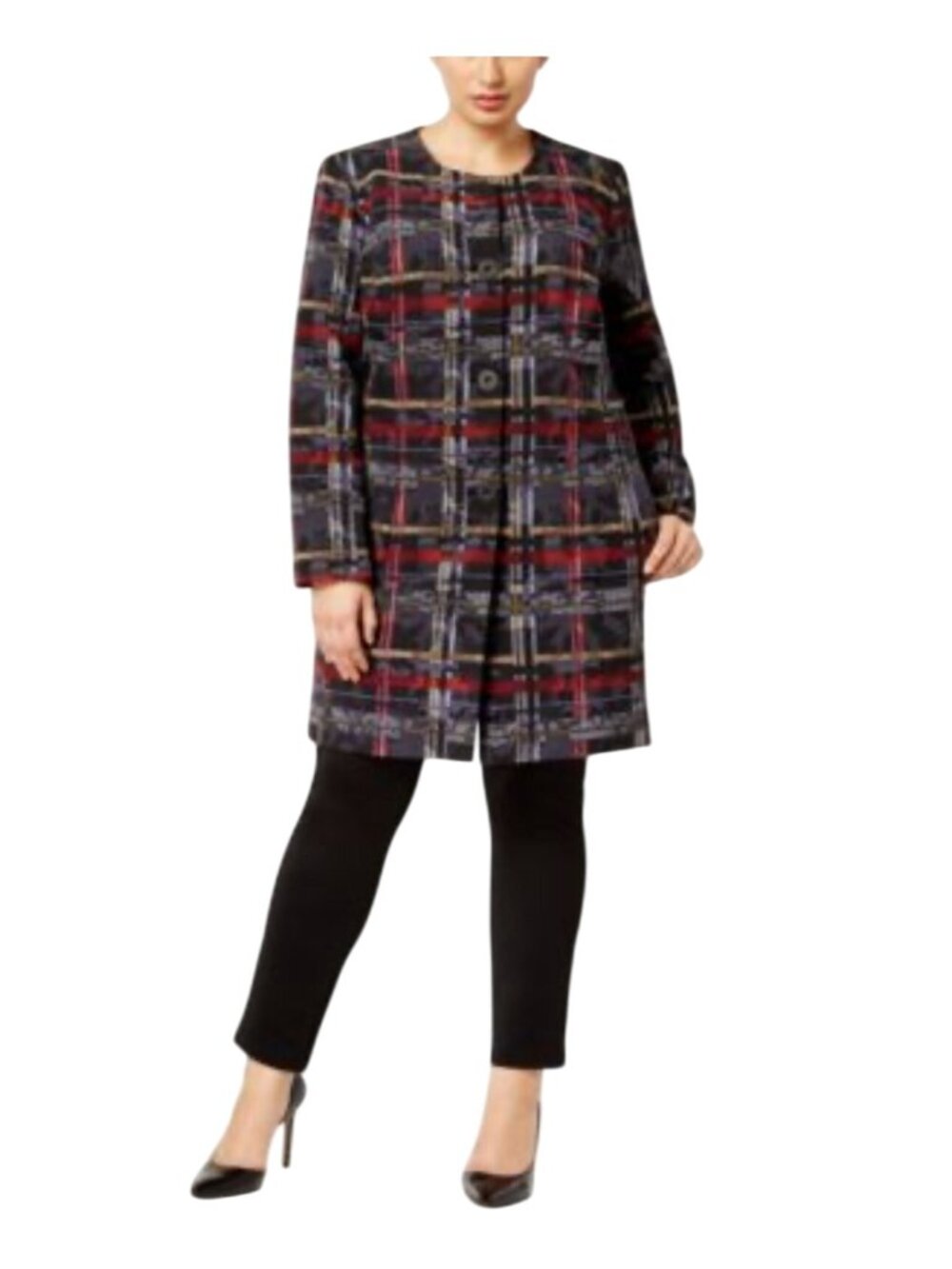 Nine West Womens Plaid Button-Up Crepe Toper Jackets Size 12 Lined /Multicolored